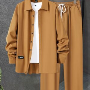 Men’s Casual Two-Piece Button-Up Shirt and Drawstring Pants Set